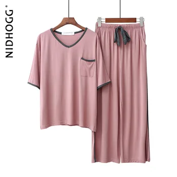 2020 Modale Pyžamo V-neck Krátký rukáv Kalhoty Pyžamo pro Ženy Dva Dílná Sada Letní Příležitostné Domácí Oblek, oblečení na Spaní Lounge