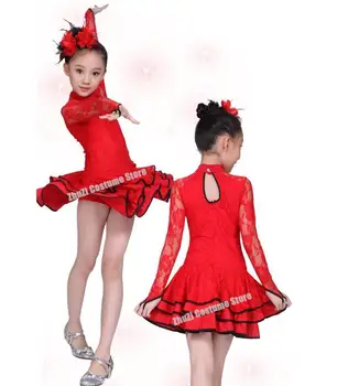 2019 Krajky Nejnovější Sexy Společenské Šaty Tango Salsa Latin Taneční Šaty Děti Red Černé Krajkové Šaty Pro Dívky S Dlouhým Rukávem