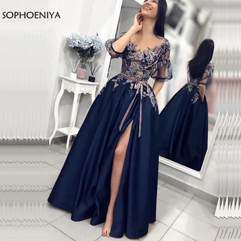 Nové Příjezdu Tmavě Modré Výšivky Saténové Večerní šaty Dlouhé 2020 Sexy Rozdělit Krajka Večerní šaty s Kapsy Party šaty