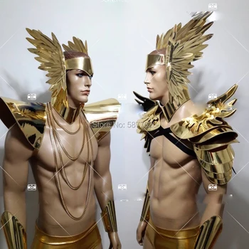 Budoucnost show, cosplay party model brnění Bar zlatá křídla, čelenku zrcadlo pu mužské gogo zlaté svalové mužský kroj