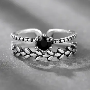 Luxusní Černé Zirkony Stohovatelné, Robustní List 925 Mincovní Stříbro Prsteny Pro Ženy Gothic Punk Velké Šperky