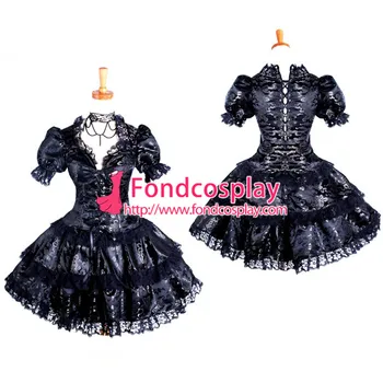 Sissy Maid Gothic Lolita Punk Černé Saténové Šaty Cosplay Kostým šitý na Míru[G250]