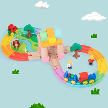 DIY Dřevěné železniční Trati Hračka ve tvaru 8 Stavební Bloky Dřevěné Železniční Vůz Duha Trati Vlak pro Děti Raného Vzdělávání Hračky