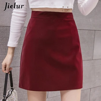 Jielur-line PU Sukně Dámské Slim Pevný Barevný Podzim Zimní Kožené Mini Sukně Elegantní Zip Ženy Sukně Saia Faldas S-XL