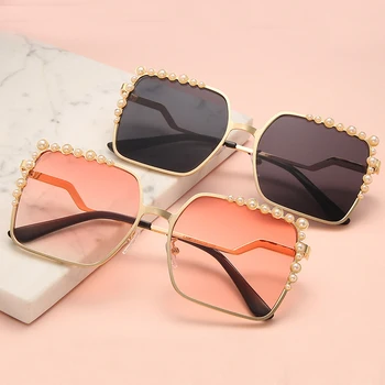 Nadměrně velké bílé perly, sluneční brýle, ženy, luxusní značky slitiny vintage náměstí sluneční brýle ženské unikátní gradient mirror odstíny růžové