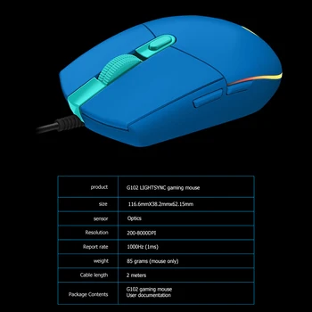 Originální Logitech USB Kabelové Myši G102 LIGHTSYNC 6 Programovatelných Tlačítek Herní Myš 8000 DPI RGB pro Domácí Kancelář, Desktop, Notebook