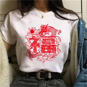 Harajuku Streetwear 90. let Ulzzang Top Retro Čínský Drak Tisk T-shirt Letní Ženské Košile Maycaur Nové Příležitostné Ženy T-shirt