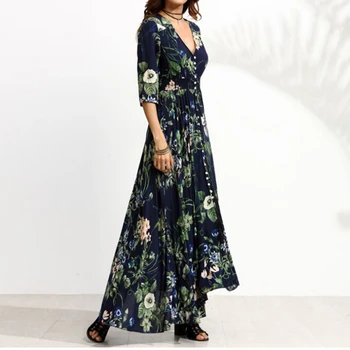 Podzimní Dámské Květinové Tištěné Šaty Sexy V Krku Vintage Šaty Plus Velikost Boho 2019 Zimní Elegantní Dlouhé Šaty Vestidos 828
