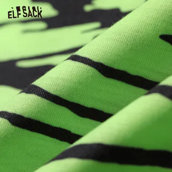 ELFSACK Harajuku Leopard Neformální T-Košile, Ženy Topy,2020 Podzim ELF Zelené Pruhované Krátký Rukáv korejský Dámy Každodenní Základní Tee