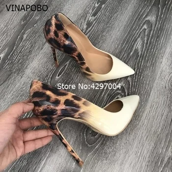 Vinapobo 2018 Nové sexy night club party svatební boty ženy Leopard tisk tenké vysoké podpatky skluzu na špičaté toe 12cm jehlové čerpadla