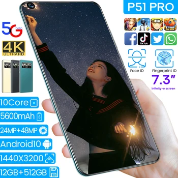 Nejnovější Globální Verze Smartphonů P51Pro Mobily 7.3 Palců 12 GB 512GB 5600mAh Android 10.0 4G 5G GPS Wifi Tvář Odemknout Telefon