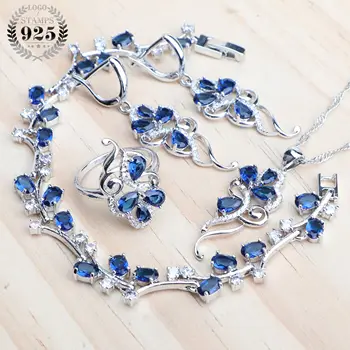 Rostlina Blue CZ 925 Stříbrné Šperky Sady Svatební Kameny, Náušnice, Prsteny, Svatební Šperky, Náhrdelník, Přívěsek, Náramky Pro Ženy