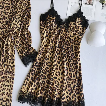 пижама Dámy pyžama set sexy leopardí saténové noční šaty, podvazkové noční košili podvazkové šortky set boutique sexy pyžama F04