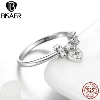 BISAER Stříbra 925 Jasné CZ Srdce Lock Nastavitelný Figer Prsteny pro Ženy Módní Šperky Milence Valentine Dárek HSR466