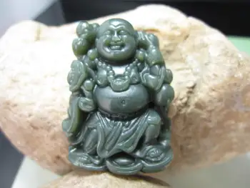 Přírodní Usmívající se Buddha Vyřezávané RUYI zbožným HETIAN Jade China QINGYU Zelený Náhrdelník Přívěsky