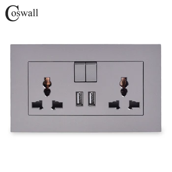 COSWALL 13A Univerzální spínaná Zásuvka 2 USB nabíjecí Port Pro Mobilní Výstup 2.1 A Zásuvky Šedé Barvy Panel PC