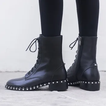 ASUMER černé módní kotníkové boty pro ženy kolo toe krajky originální kožené boty nýt podzim zimní boty na motorku