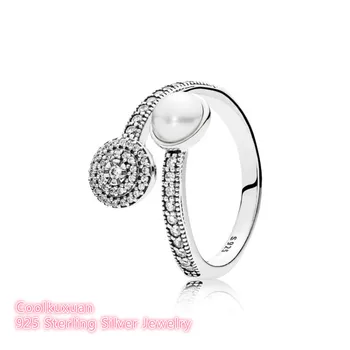 Bílá Crystal Pearl a Jasné CZ Módní Prsteny, 925 Sterling Silver Světelný Záře Zapojení Otevřít Šperky, Prsteny Pro Ženy