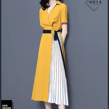 Žluté letní šaty 2019 nové dlouhé letní styl móda temperament 100 záhybů-line sukně