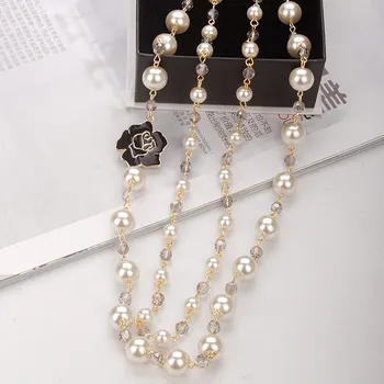 Luxusní klasický design camellia pearl dlouhý svetr řetěz náhrdelník žena party Crystal Double náhrdelník příslušenství