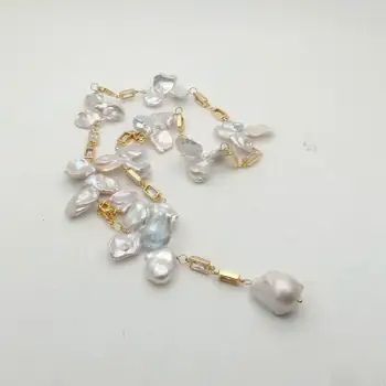 Přírodní, top vrtané Bílé Keshi Pearl Přívěsek Náhrdelník Zlaté barvy á Cubic Zirconia micro vydláždit svetr řetěz náhrdelník