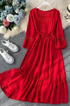 2019 nové módní ženy šaty Retro červené náměstí límec krajky cestování dovolená nabíranou šaty