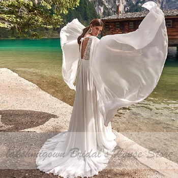 Lakshmigown Dámy Boho Svatební Šaty Roku 2020 V Krku Šifon Long Beach Svatební Šaty Otevřené Zadní Svatební Šaty Vestido Noiva