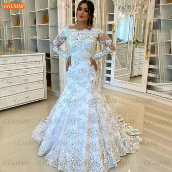 Arabské Mořská panna Krajka Svatební Šaty Dlouhý Rukáv 2021 vestido de noiva Slim fit Nevěsta Šaty Pro Ženy Soud Vlak robe de mariee