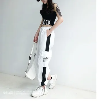 Cargo kalhoty jsou dámské velikost vysoké kalhoty šířka jogging kalhoty pruhované Punk Černé Capris kalhoty sarur, Korea