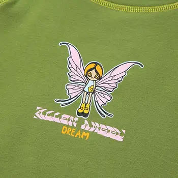 Ženy Letní Krátký Rukáv Zelená Tričko Kreslený Motýl Víla Dopisy Tištěné Crop Top Bodycon O-Neck Streetwear