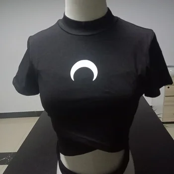 Měsíc Tisk Ženy T-Košile Chill Měsíc Gothic Módní Topy Tričko pro Holky Černé Goth Estetické Oblečení Cotton Hipster Krátké Tričko