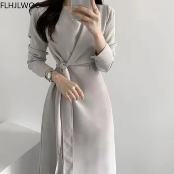 Elegantní Korea Fenimine Vestidos Ženy Módní Krajka-Up Motýlka Elegantní Office Lady Dlouhé Vintage Šaty