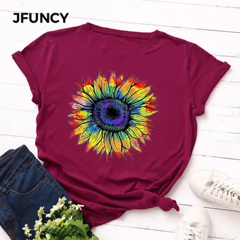 JFUNCY Plus Velikosti Ženy T Košile New Barevný Tisk T-košile Ženy Krátký Rukáv Bavlna Trička Topy Ženy Letní Tričko