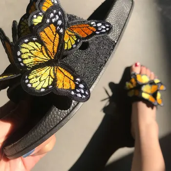 Dámské Pantofle Butterfly Barevné Snímky Ploché Dámské Sandály Platformě Ženské Výšivky Letní Boty Žena Sandalias Mujer