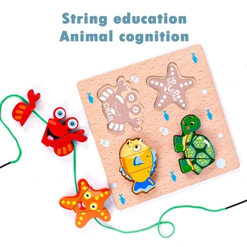 Montessori Dřevěné Spadávkou Korálky Puzzle Hračky Děti Počátku Vzdělávací Střih Ovoce, Zeleniny Provozu 3D Puzzle, Korálky, Hrát Dům Hraček
