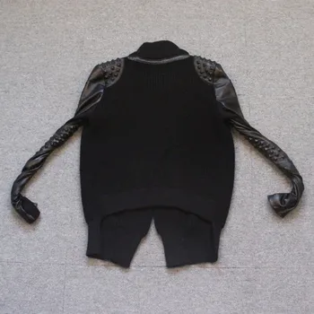 Zimní Nové Originální Kožené Pouzdro Krátkou Bundu Ženský Ulici Nýty Ovčí Pletení Kabát OL Slim Černé Oblečení M-2XL