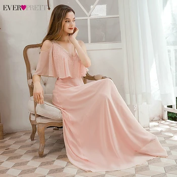 Elegantní Růžová Družička Šaty Ever Pretty EP00576PK-Line Korálkové V-Neck Volánky Šifon Svatební Party Šaty Vestidos 2020