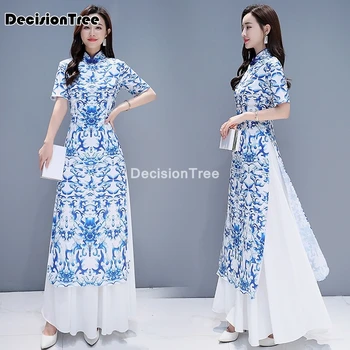 2021 vietnamu elegantní styl lady květiny print orientální cheongsam qipao mandarin límec aodai šaty, ao dai qi pao čínské šaty
