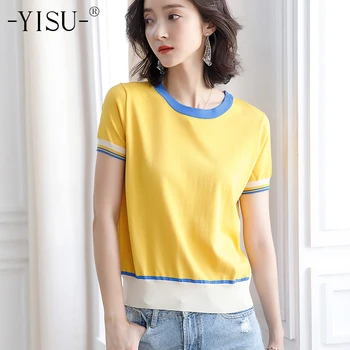 YISU Fashion T Shirt Ženy Létě roku 2020 O krk Krátký rukáv Světlé barvy T-Shirt Pletené svetr Šití barva T-shirt Ženy