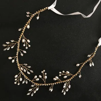 SLBRIDAL Ručně vyráběné Zlaté Kamínky Crystal Perly, Květinové Svatební Čelenka Příslušenství Svatební Vlasy Révy Ženy Šperky