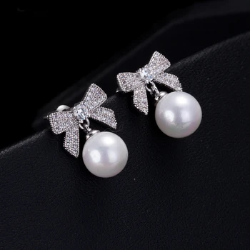Nejlepší Dárek, bílé Zirkony Luk S Big Pearl Náušnice a Přívěsek náhrdelník AAA+ Bílá CZ Šperky Sady Pro Ženy