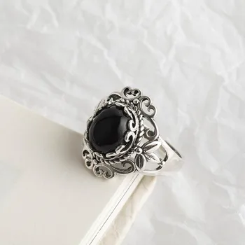 Jellystory Vintage 925 Mincovní Stříbro Prsten s oválným obsidian květina tvar Šperky pro Ženy, Svatební Party Dárek Nastavitelný Kroužek