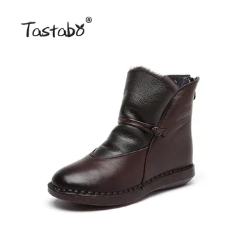 Tastabo Pravé Kůže dámské kotníkové boty vintage stylu Hnědá Červená S99522M Pohodlné měkké dno boty dámské Plyšová podšívka