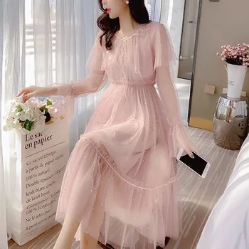 Šaty ženy 2020 jaře dlouhý rukáv šaty růžové flitry šaty sladké Volánky Pevné-Line Voile Mesh elegantní šaty ženy 0521