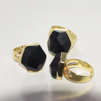 Přírodní Černý Obsidián Kamene Prsteny pro ženy 2020 Nastavitelný Kouzlo Velké zlacení Rámu Klenot Kámen Nepravidelných Módní Šperky