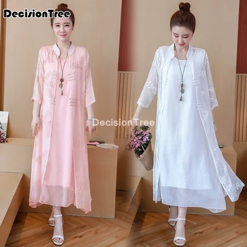 2021 qipao čínské šaty oblek bavlněné prádlo cheongsam dvoudílné midi šaty vestidos ležérní výšivky svetr + šaty župan
