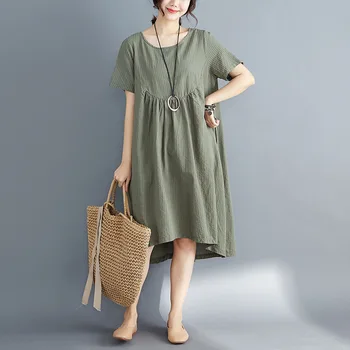 Johnature 2021 Nové Letní Pruhované Jednoduché Volné Ženy Oblečení Šaty Ležérní Korean Jednobarevné Krátký Rukáv Nepravidelné Šaty