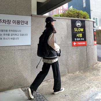 SML 2019 korejský styl rovné kalhoty žena podzim vysokým pasem dlouhé studenti ležérní černé dlouhé kalhoty dámské (F3813)