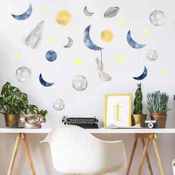 Kreslený Moon rabbit hvězdnou oblohu nálepka na Zeď děti ložnice dětské pokoje dekorace nástěnná malba, školka wallpaper home dekor samolepky