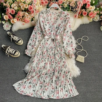 Vintage pasu květinové šifónové šaty jaro podzim nové V-neck slim mid-délka skládaný šaty nad kolena Volánky vestidos šaty